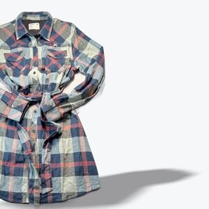 Jetty Marine Supply Co Flannel Button Down Shirt Dress Blue Plaid Womens Large